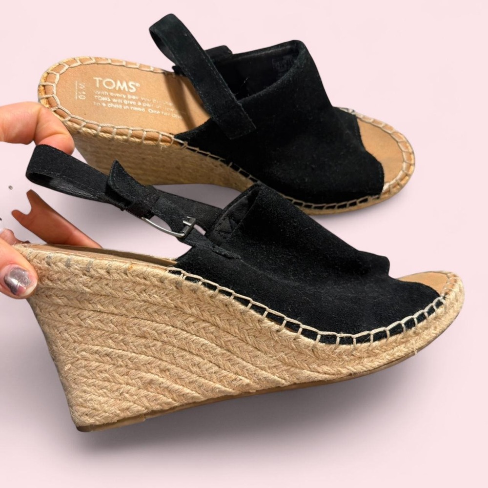 TOMS Black Suede Wedge Espadrille Sandals Women 10 Slingback Peep Toe Jute